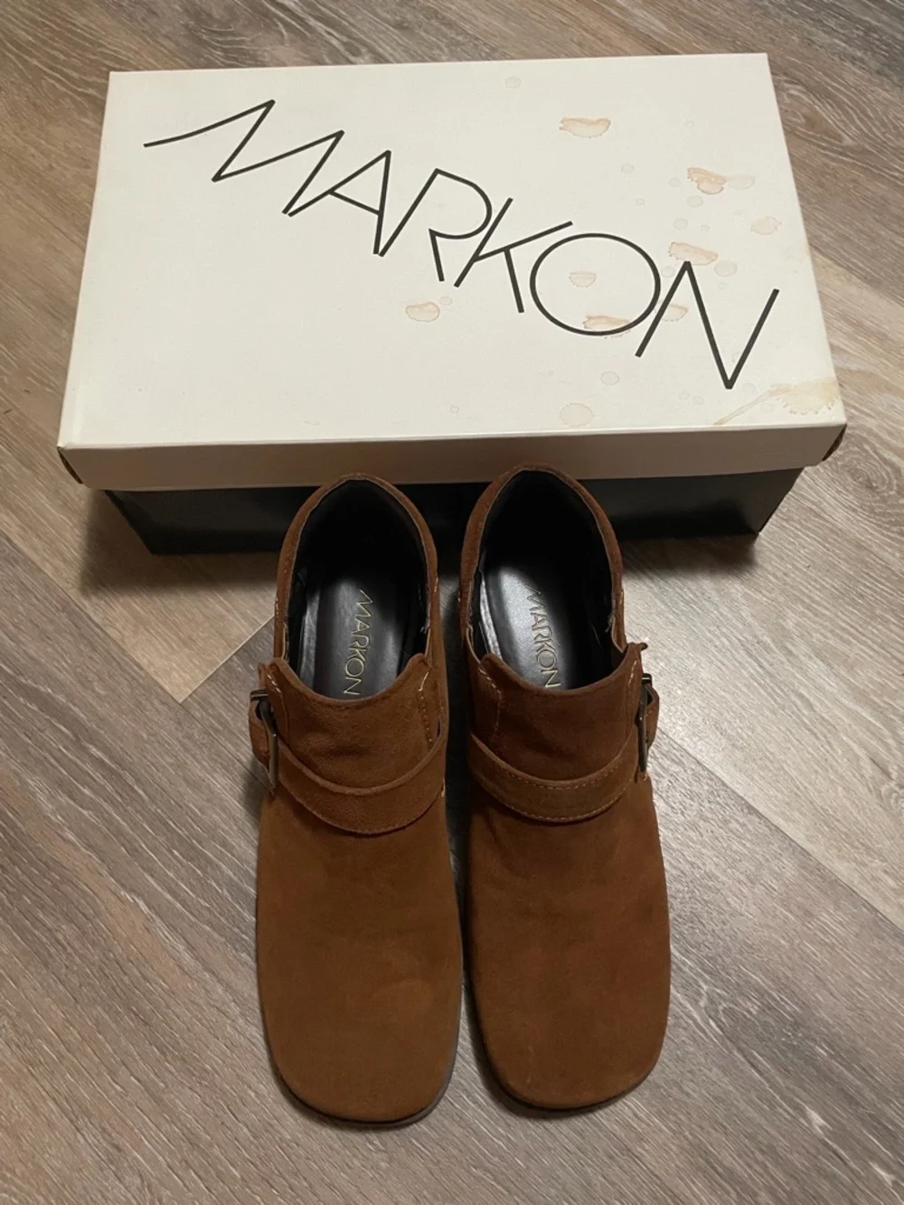 Markon Women’s Tan Suede Ankle Booties with Buckle - Picture 2 of 3
